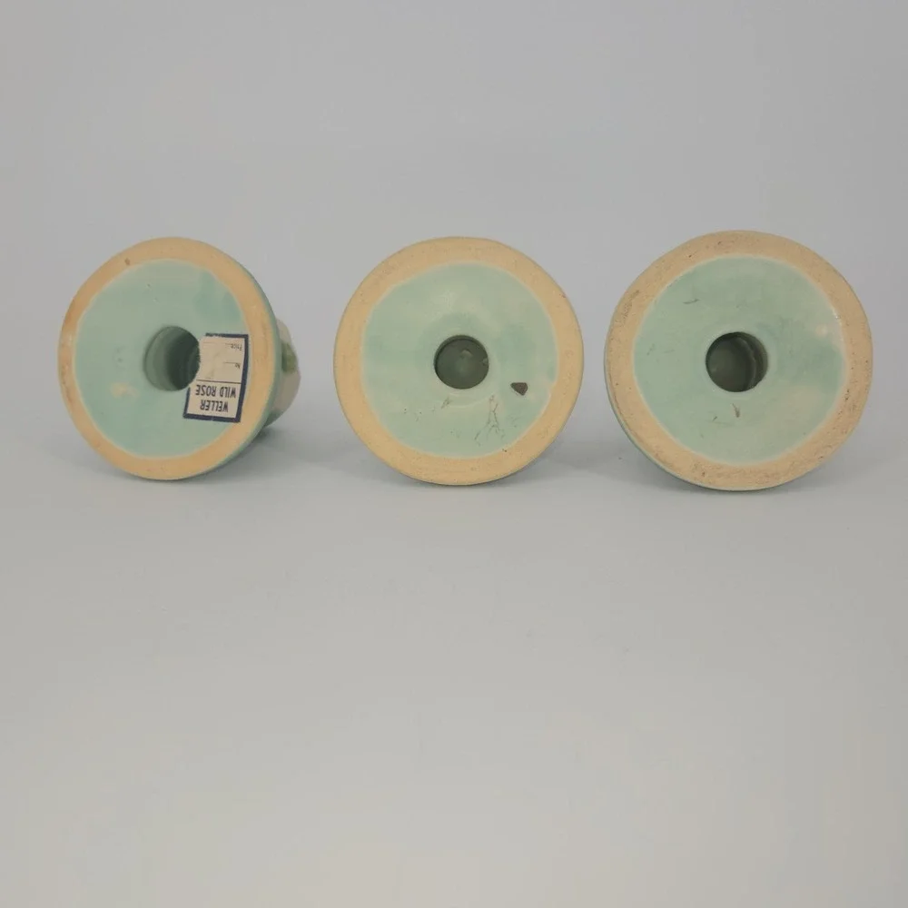 Weller Pottery Wild Rose Green Candle Holders Set of 3 1930s USA Vintage Cottage